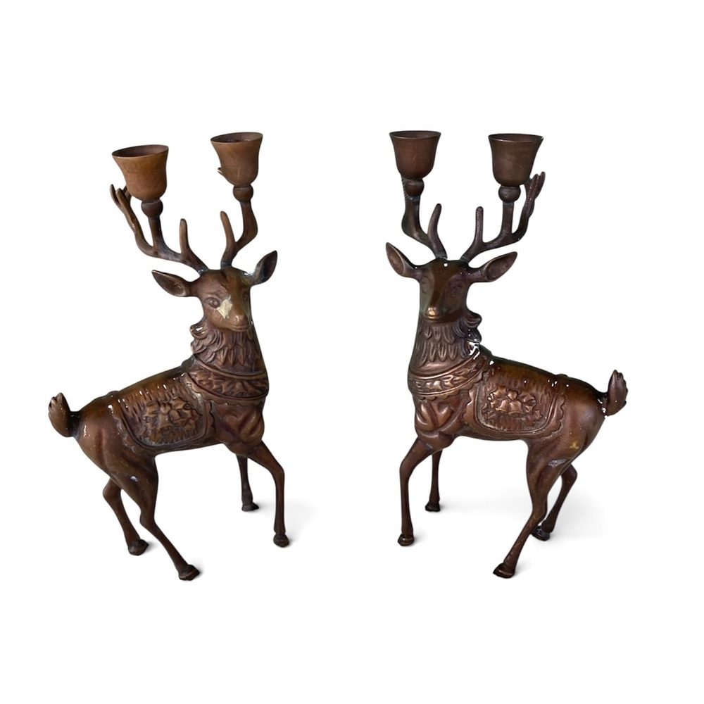 Vintage Rustic Brass Reindeer Stag Candelabra Set